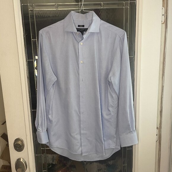 Pronto Uomo Men's Blue Herringbone Long Sleeve Button Up Shirt Size 15.5 32/33 - Picture 1 of 5